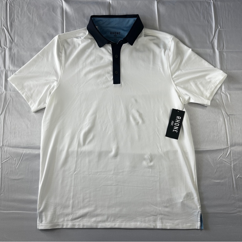 Rhone Commuter Polo – White with Navy Collar, Men’s Medium, NWT
